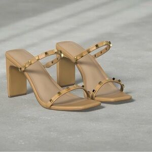 Elegant Tan and Gold Studded Block Heel Sandals